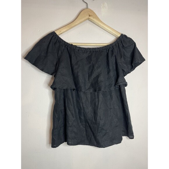 Saks Fifth Avenue Women's XS Black Linen Ruffle Top Blouse Elastic Neckline - Picture 4 of 4